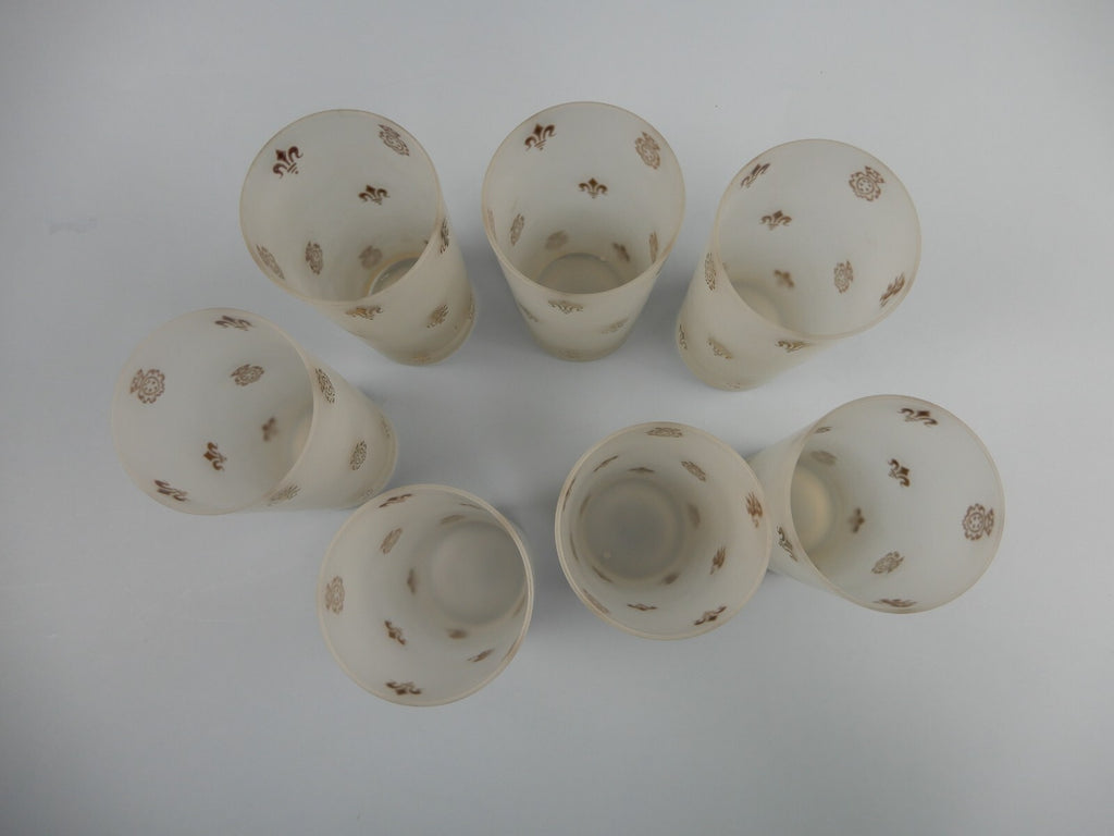 7 Frosted Highball Glasses with Golden Symbols Lions,Fleur De Lis and Shields