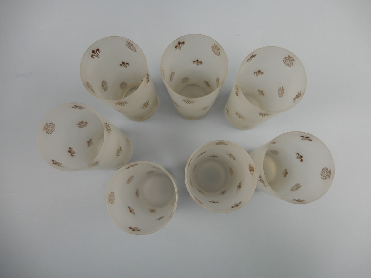 7 Frosted Highball Glasses with Golden Symbols Lions,Fleur De Lis and Shields