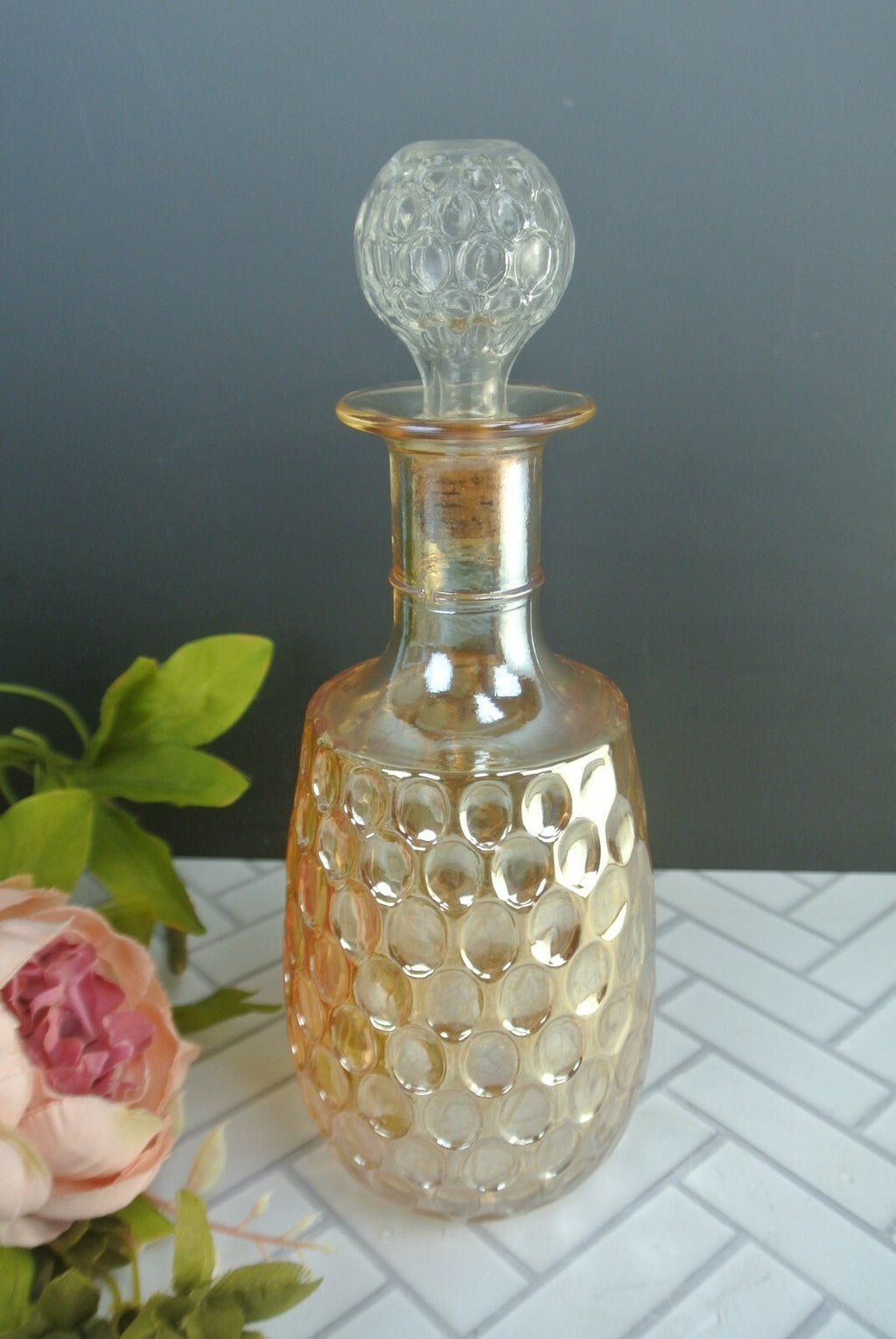 Vintage Carnival Glass Decanter Marigold Thumbprint Decanter Bottle