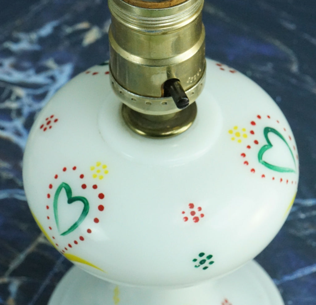 Vintage Glass Table Lamp with Hand Painted Hearts Design Milk Glass