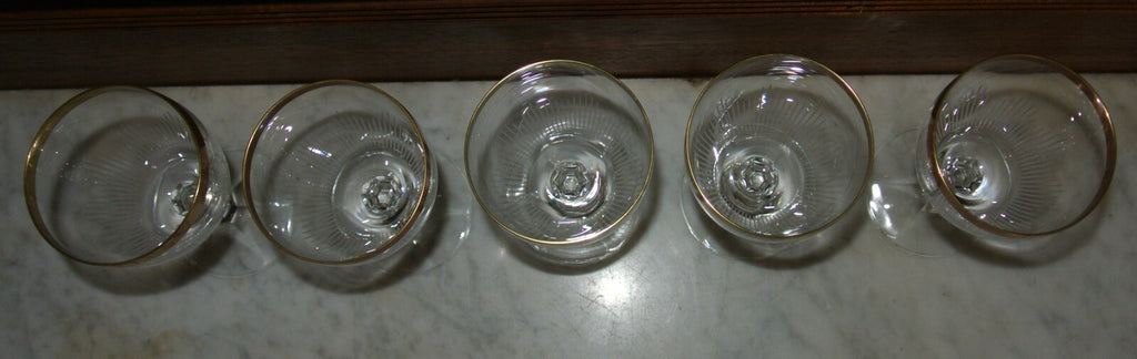 Set of 5 Elegant Cordial Clear Etched with Gold Rim Glasses
