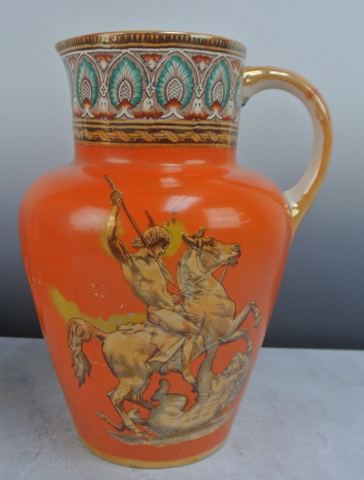 Vintage Furnival Ironstone Pottery Pitcher with Lion Fighter