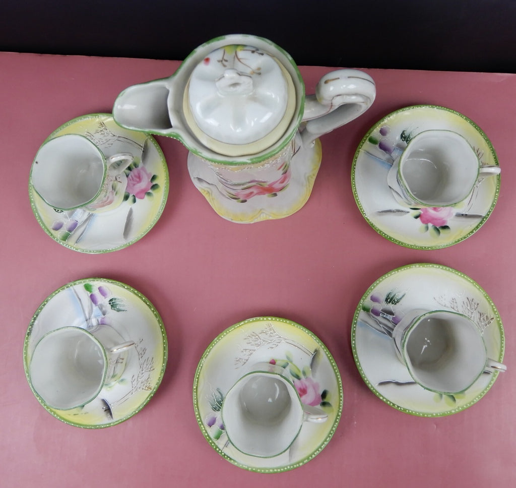 Vintage Nippon Takito TT Chocolate Pot w/ 5 Cups and Saucers Hand Painted