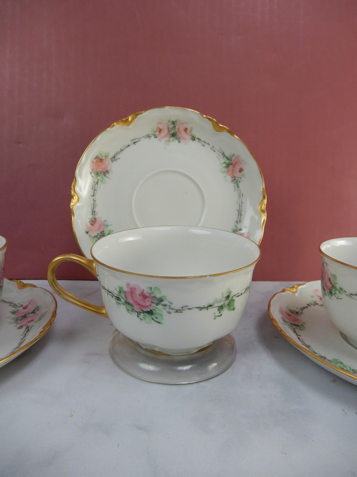 Set of 3 Hutschenreuther Selb Bavaria Cups and Saucers with  Pink Roses