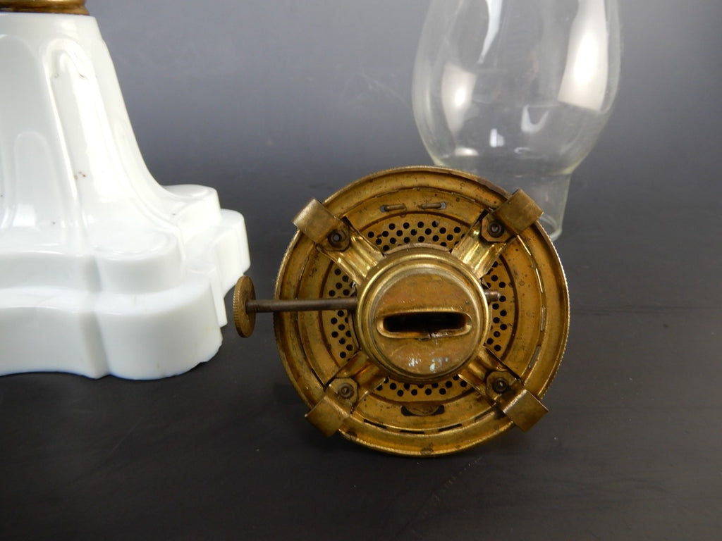 MFG Co No. 1 Queen Ann Burner White Milk Glass Base Oil Lamp