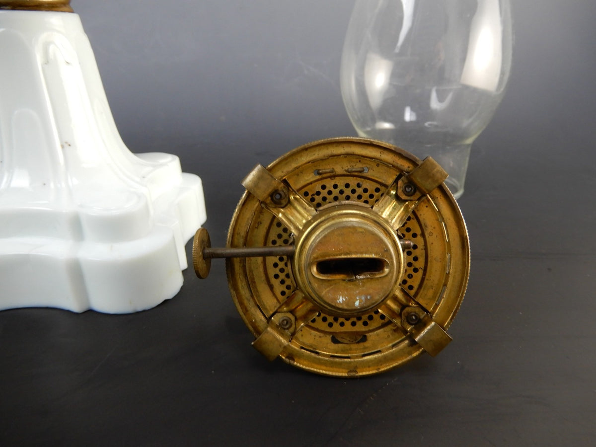 MFG Co No. 1 Queen Ann Burner White Milk Glass Base Oil Lamp
