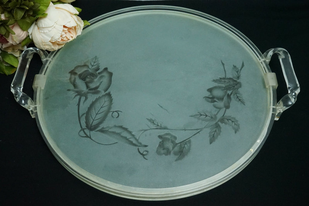 Vintage Round Rose Etched Glass & Lucite Serving Tray  18"x 16''