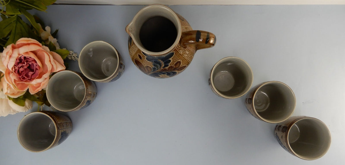 Vintage Marzi Remy German Stoneware Brown Blue Salt Glaze Wine /Jug W/ 6 Cups