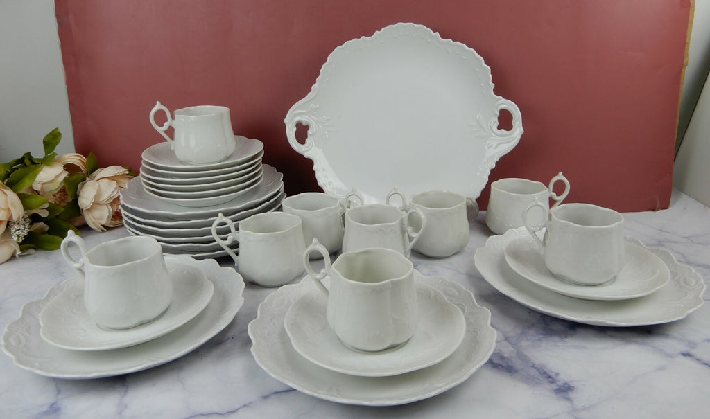 28 Pieces White Ceramic Plates,Saucers, Cups and Handled Plate Cake Unbranded