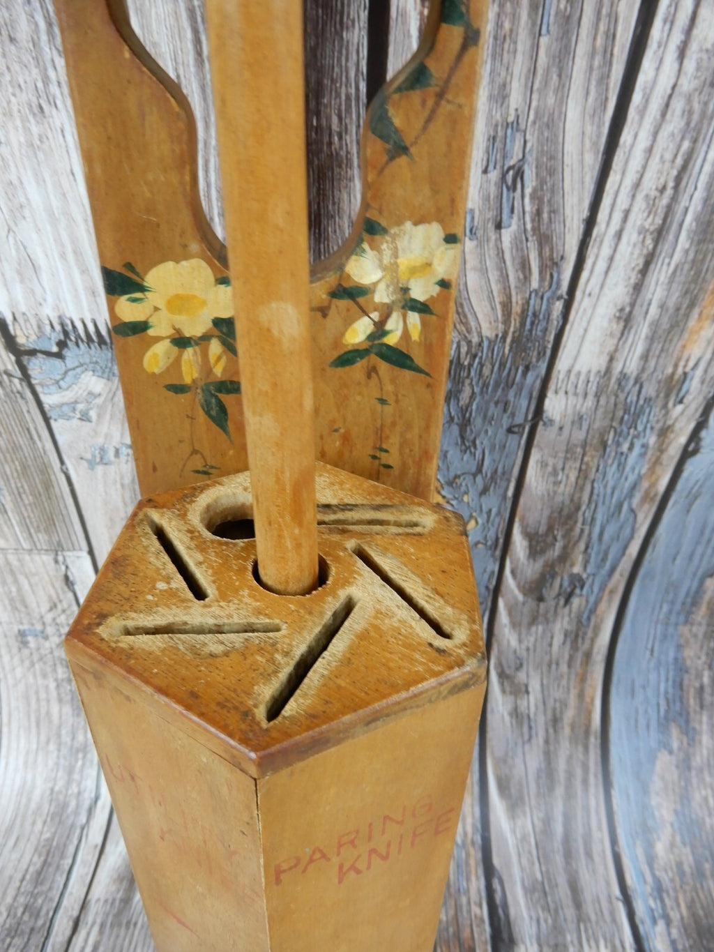 Vintage Wood Knife Holder Rack Wall Mount Kitchen Roosters & Chef Made in Japan