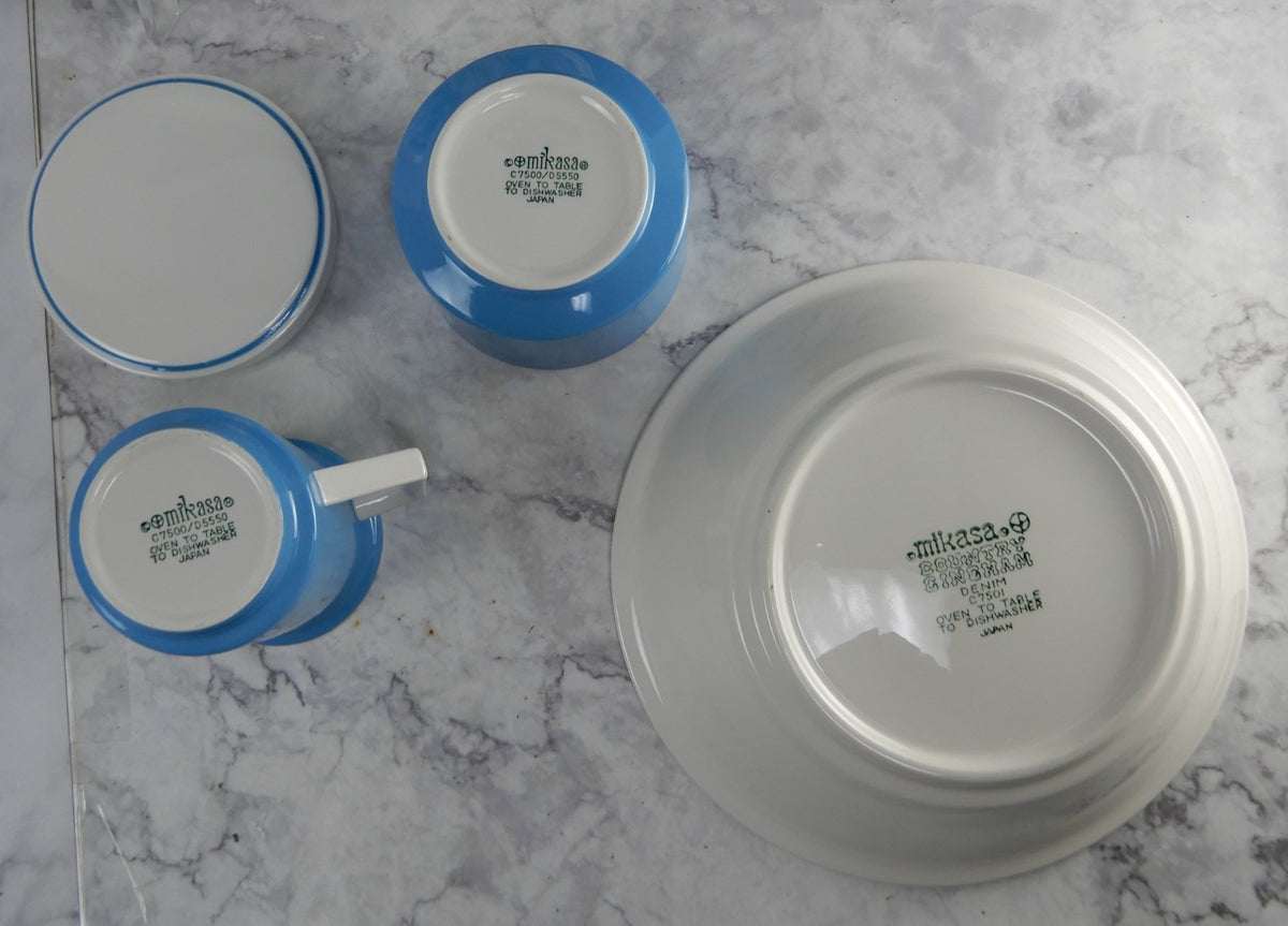 Vtge Mikasa Country Gingham Denim Serving Bowl,Creamer,Sugar Bowl,Round Platter