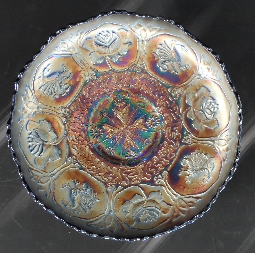 Fenton Amethyst Blue Carnival Glass Bowl Iridescent Dragon Lotus Pattern