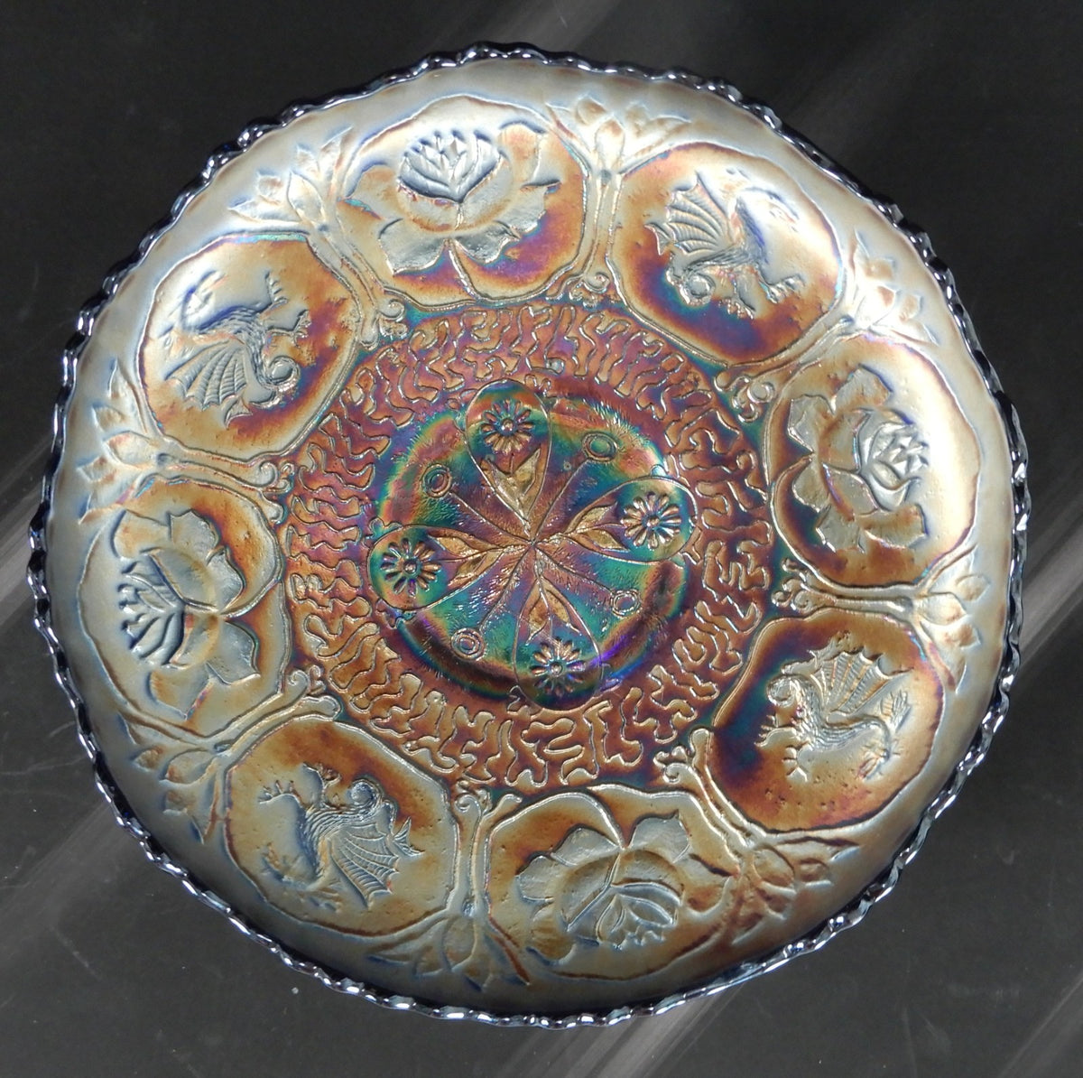 Fenton Amethyst Blue Carnival Glass Bowl Iridescent Dragon Lotus Pattern