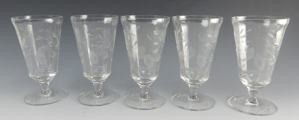 Set of 5 Optic Parfait /ice tea Floral Etch Glasses 5-3/8" High ~ Hold 14oz