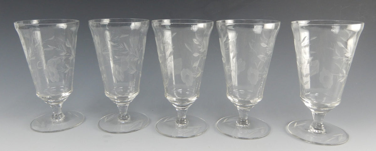 Set of 5 Optic Parfait /ice tea Floral Etch Glasses 5-3/8" High ~ Hold 14oz