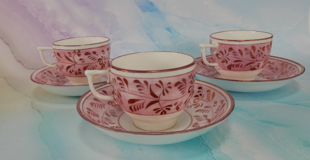 Set of 3~1800s Staffordshire Pink Luster Cups and Saucers: Sunderland Lusterware