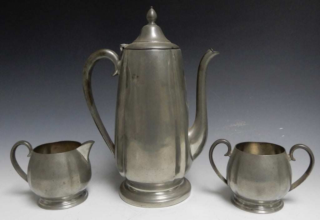 Vintage Crescent Pewter Metal Coffee Pot, Creamer, and Sugar Bowl New York 1930s