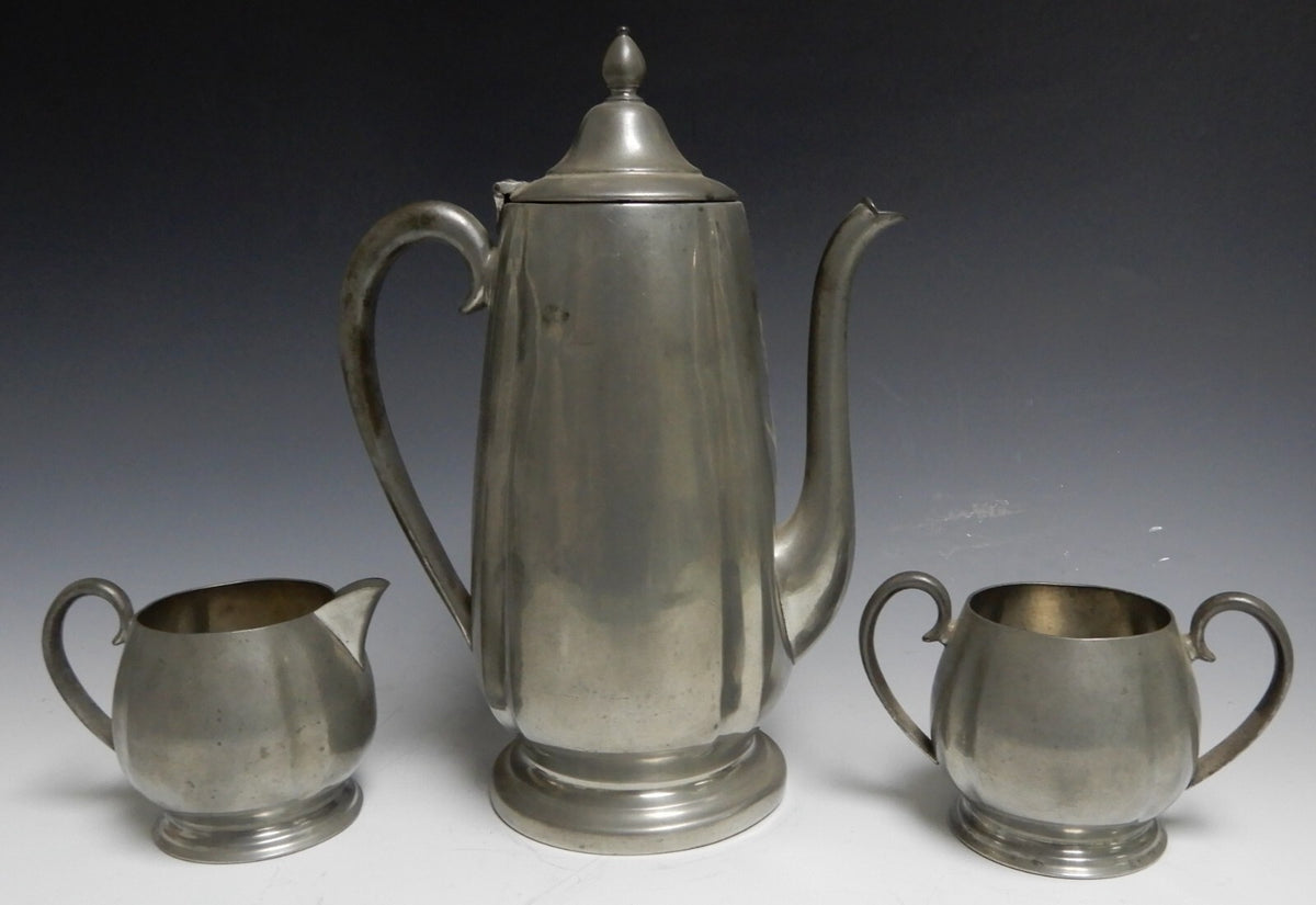 Vintage Crescent Pewter Metal Coffee Pot, Creamer, and Sugar Bowl New York 1930s