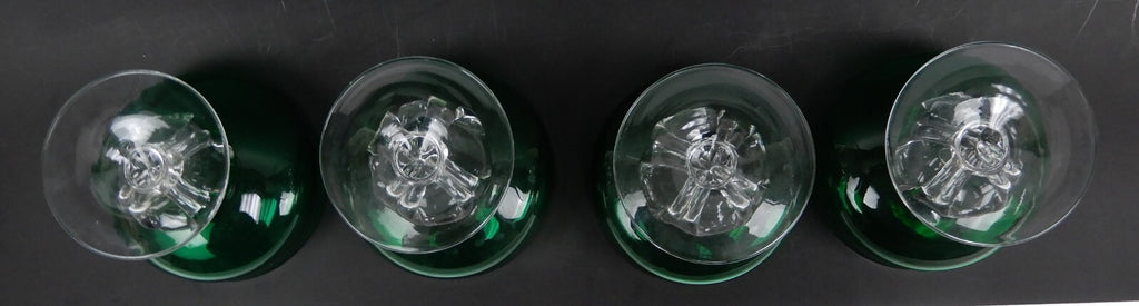 4 Hand Blown Forest Green with Clear Stemmed Sherbet 8 oz Glasses