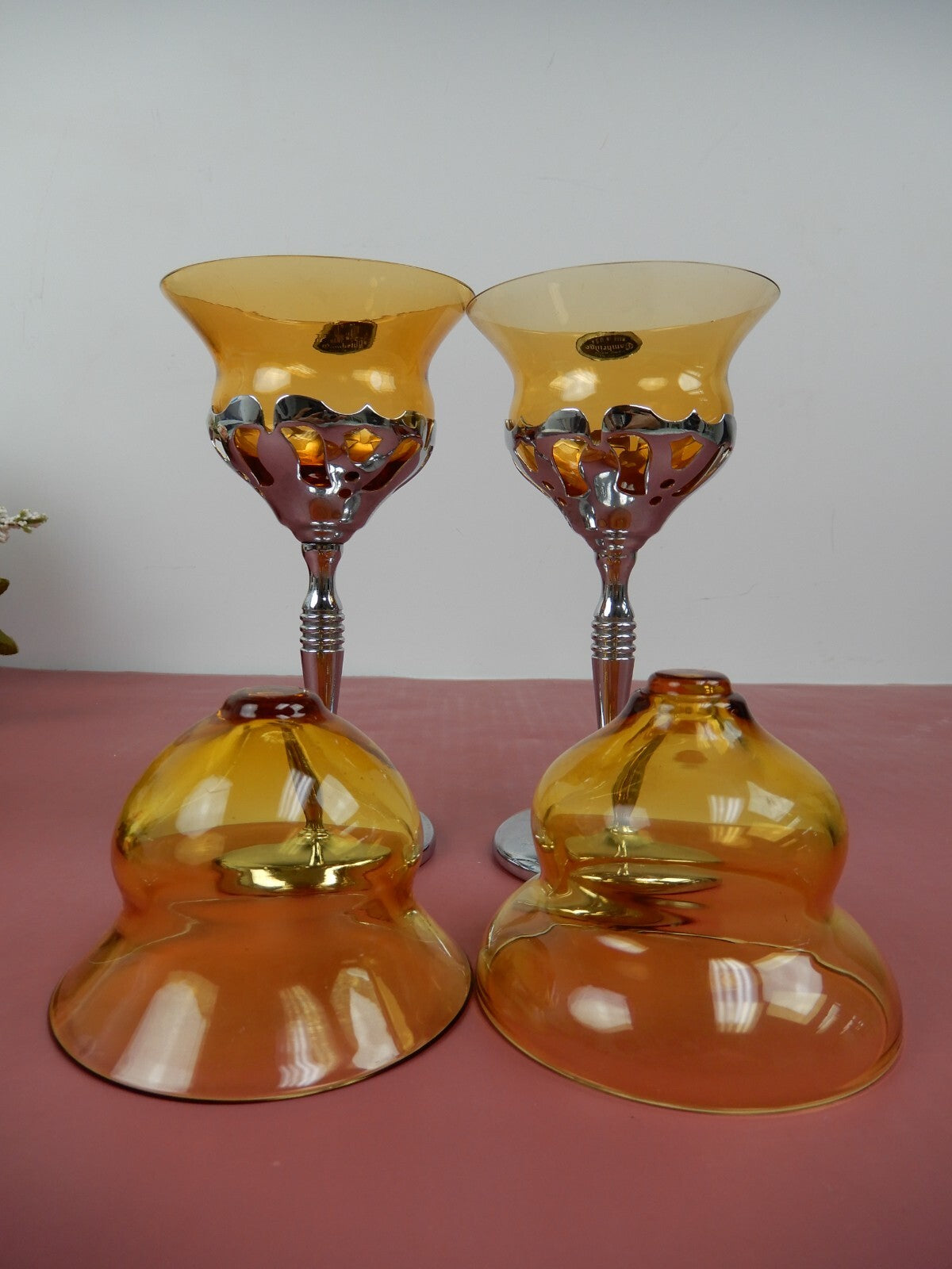 4 Cambridge Amber Colored Glass Inserts W/  2 KROME KRAFT Stems