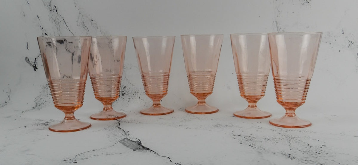 Set of 6 Federal Glass 1930s Pink Depression Ringed Stem Iced Tea Goblets 14oz