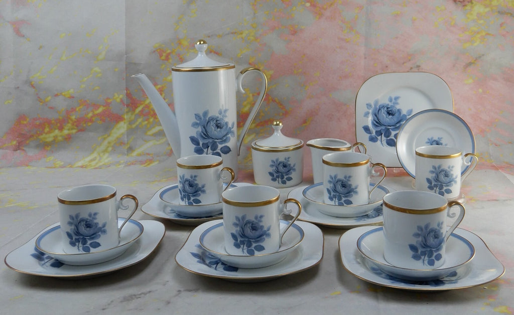 21 Set of Sweden Hackefors Porslin with Blue Roses Espresso Coffee Set For Six