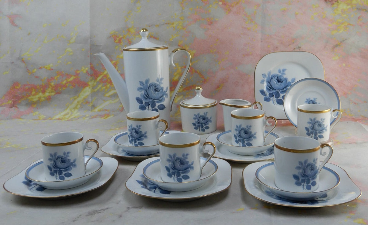 21 Set of Sweden Hackefors Porslin with Blue Roses Espresso Coffee Set For Six