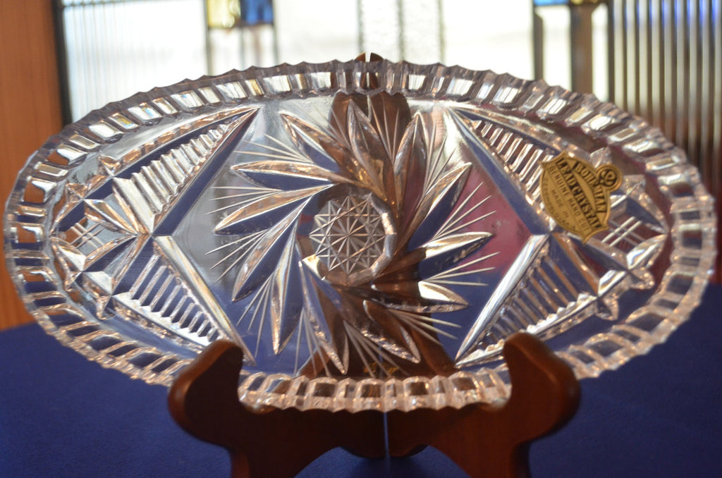 Excellent Czech Bohemian Hand Cut  Lead Crystal Oval Crystal Dish w/ Sticker