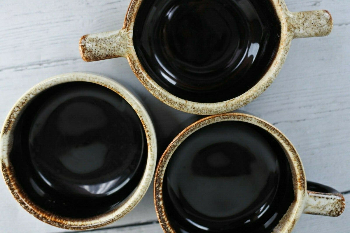 Pfaltzgraff Vintage Brown Drip Stoneware Pair Of Mugs And Cream Soup Mug