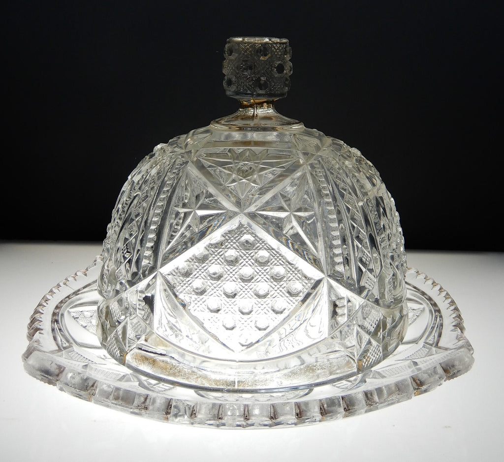 Vintage Clear Press Glass Lidded Round Butter Dish Gold Rims
