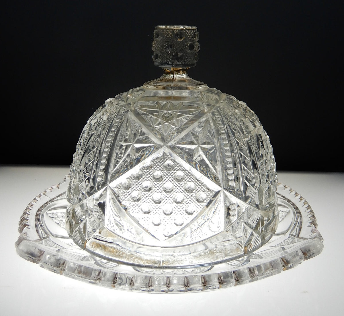Vintage Clear Press Glass Lidded Round Butter Dish Gold Rims