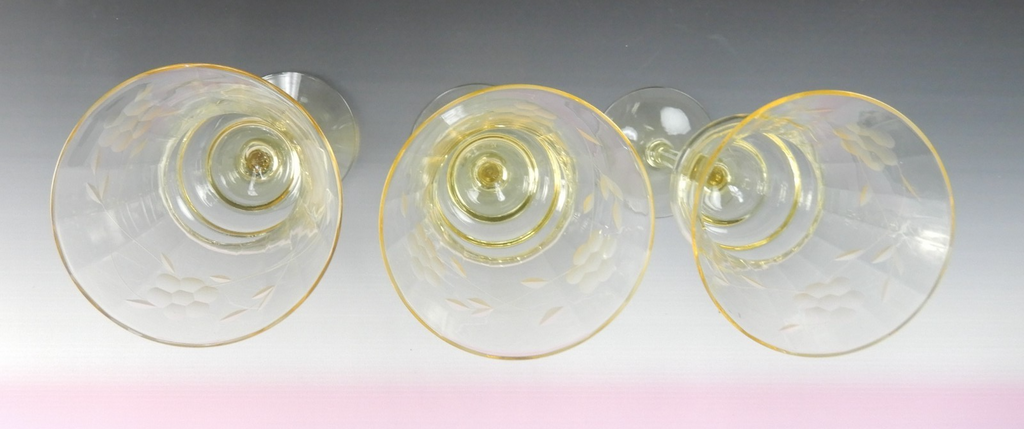 (3) Vintage West Virginia Glass Specialty Etch Optic Yellow Water Wine Goblets