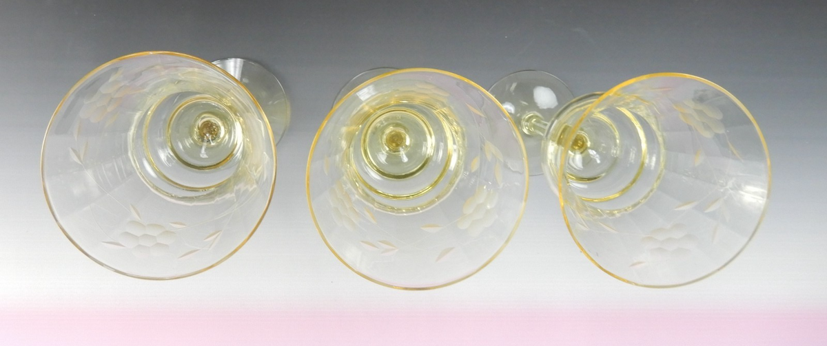 (3) Vintage West Virginia Glass Specialty Etch Optic Yellow Water Wine Goblets