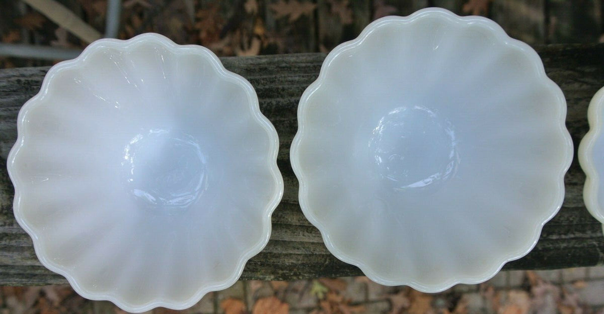 Set of 4 Fire King Lite Peach Opaque Milk White Ribbed Glass Bowls