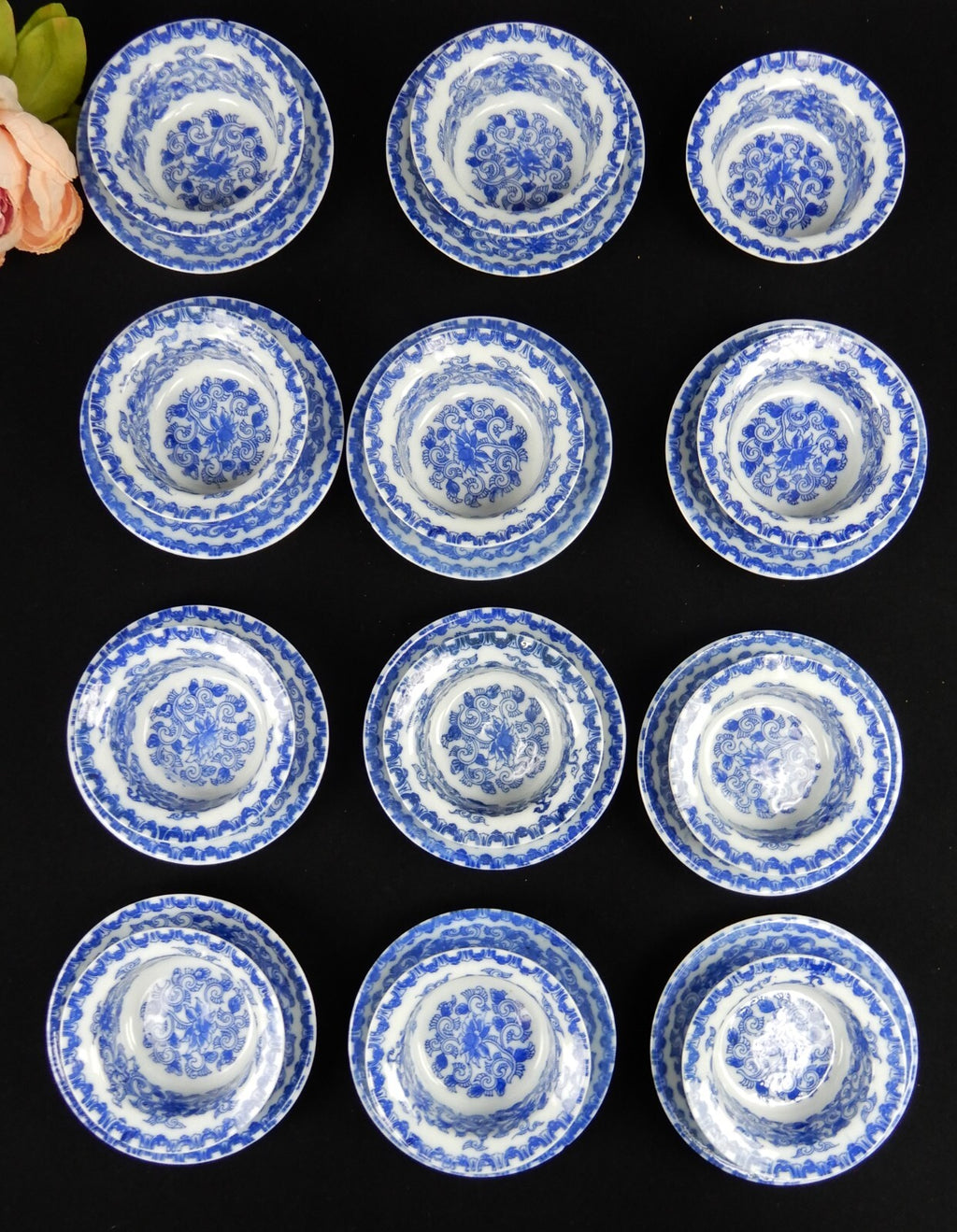 Flow Blue Style Set of 23 Piece 12 Ramekins Custard Cups with 11 Under Plates