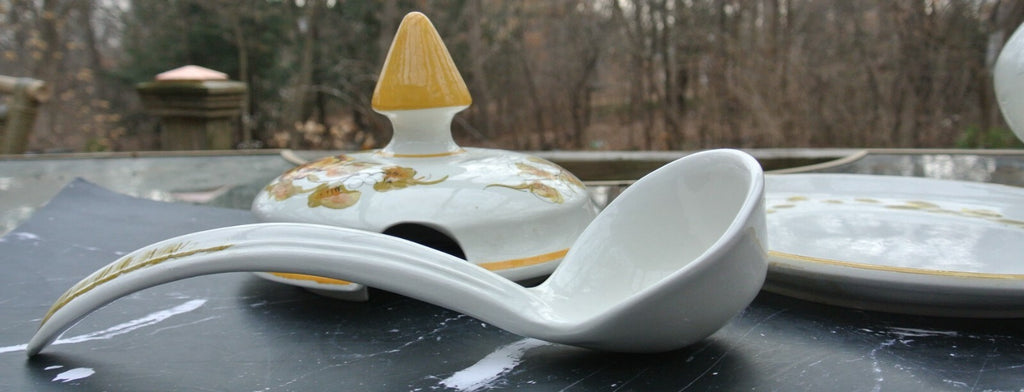 Vintage Italian Yellow Ceramic Tureen with Platter & Ladle Hand Painted