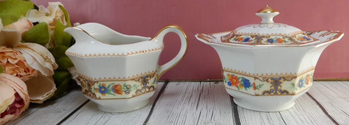 Pricess-China Geo F Bassett Bavaria Belwood Sugar Bowl&Creamer "Lowell Pattern"