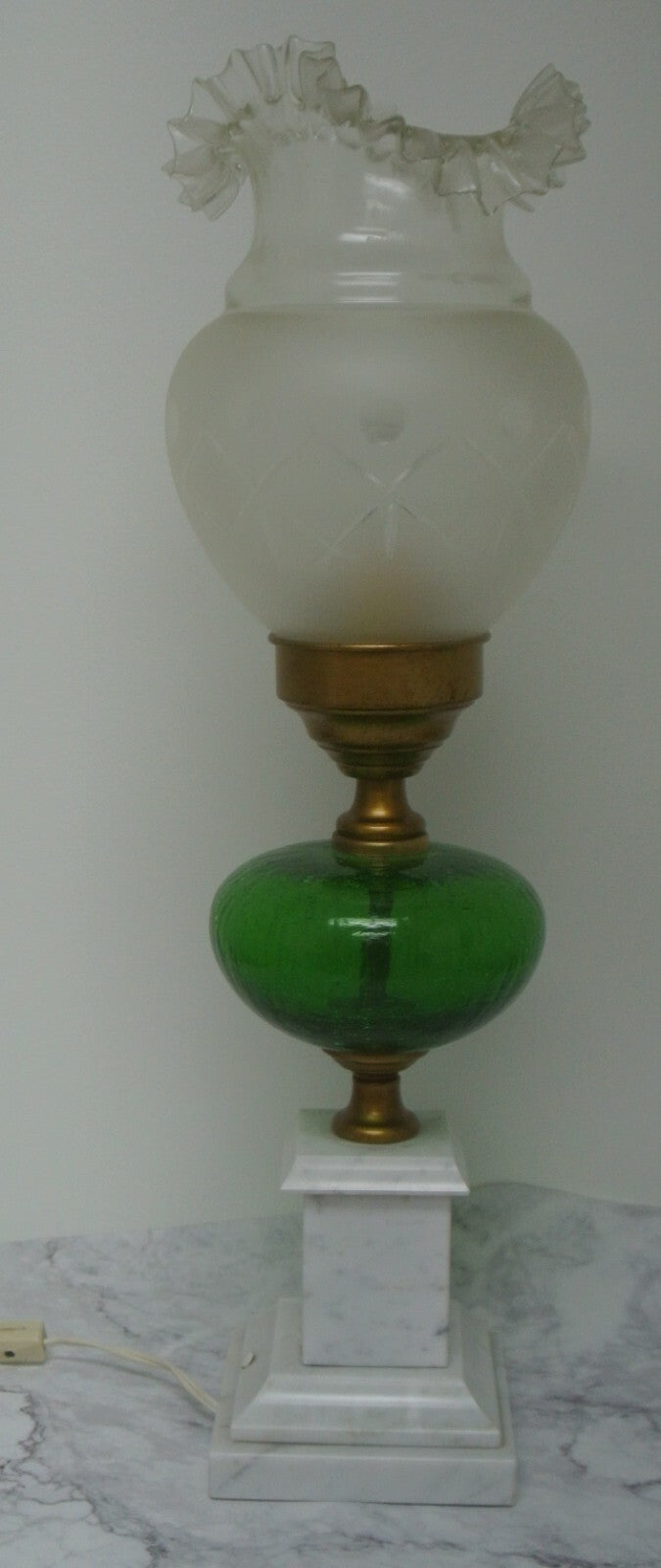 Vtge Italian White Carrara Marble & Green Crackled Hand Blown Glass Table Lamp