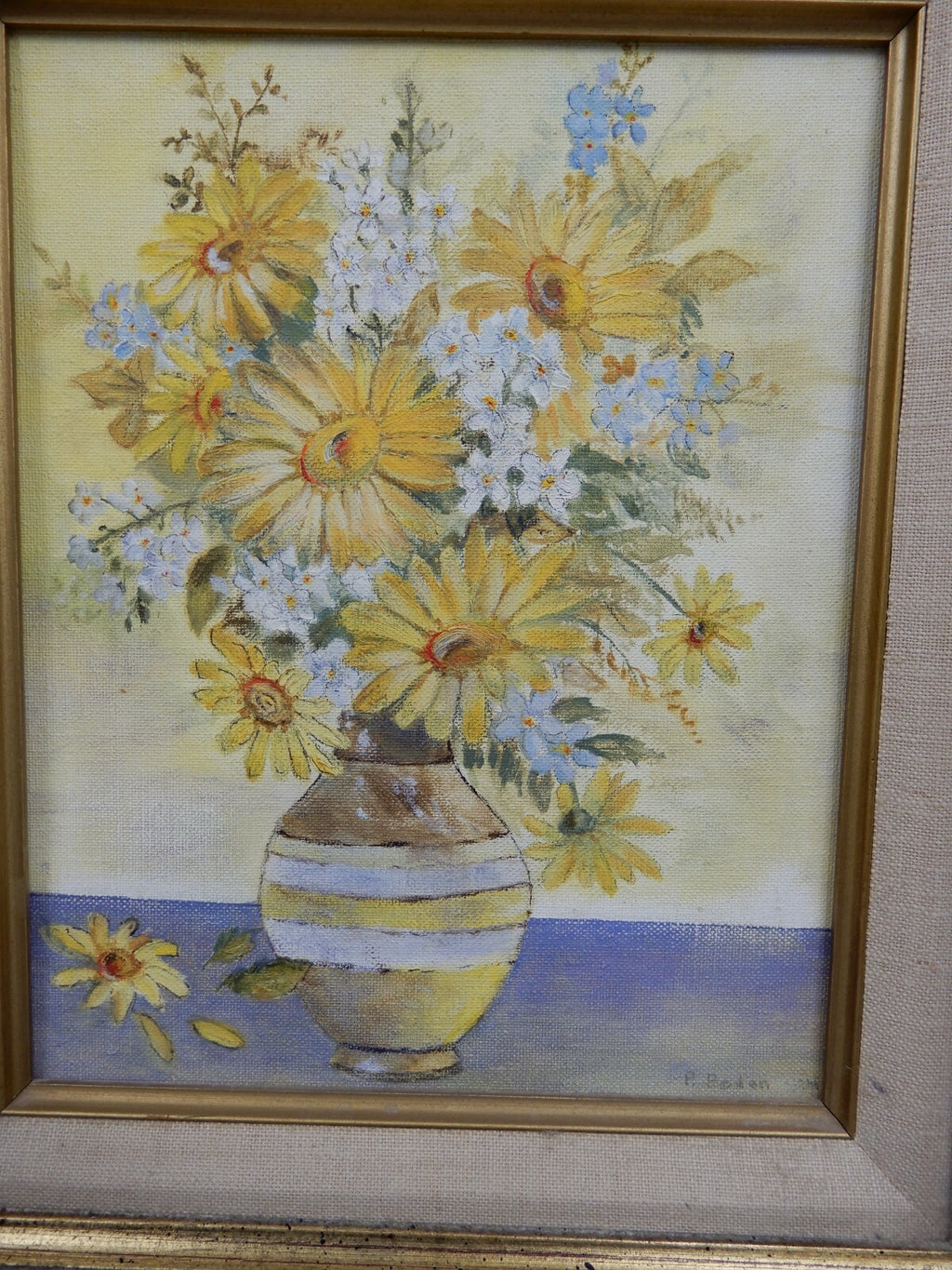 Vintage Oil Paint with Daisy Flowers in a Wood Frame