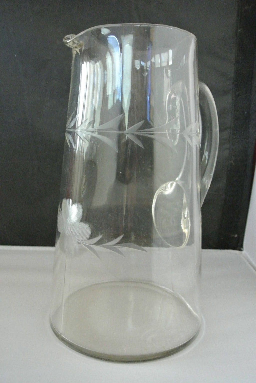 Vintage 1980 Pitcher ~ Cut Glass Etched Flowers & Leaves