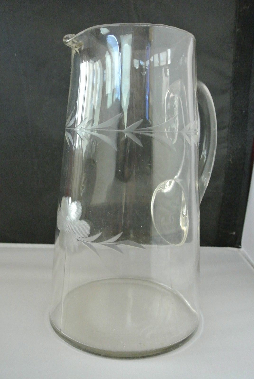 Vintage 1980 Pitcher ~ Cut Glass Etched Flowers & Leaves
