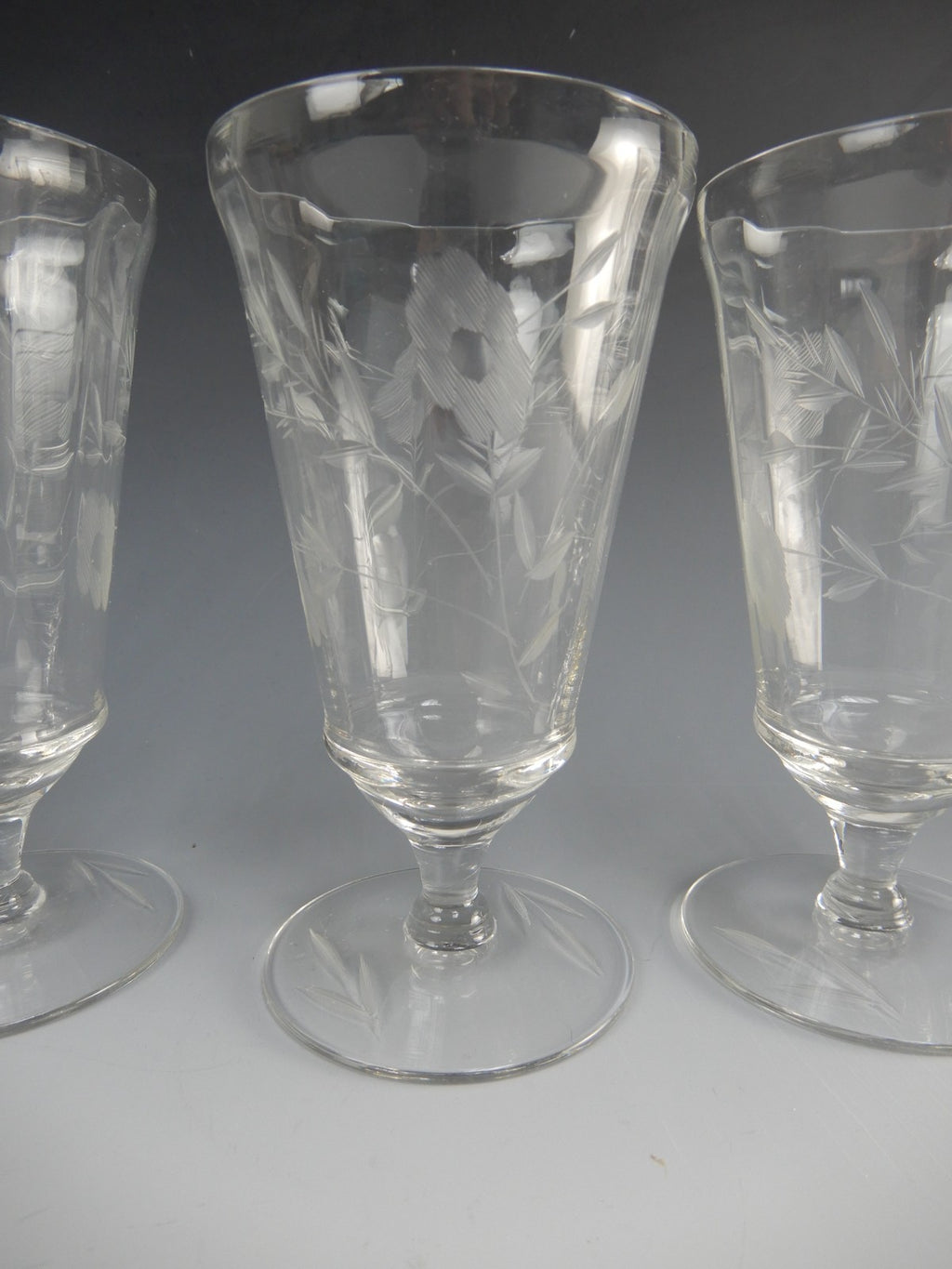 Set of 5 Optic Parfait /ice tea Floral Etch Glasses 5-3/8" High ~ Hold 14oz