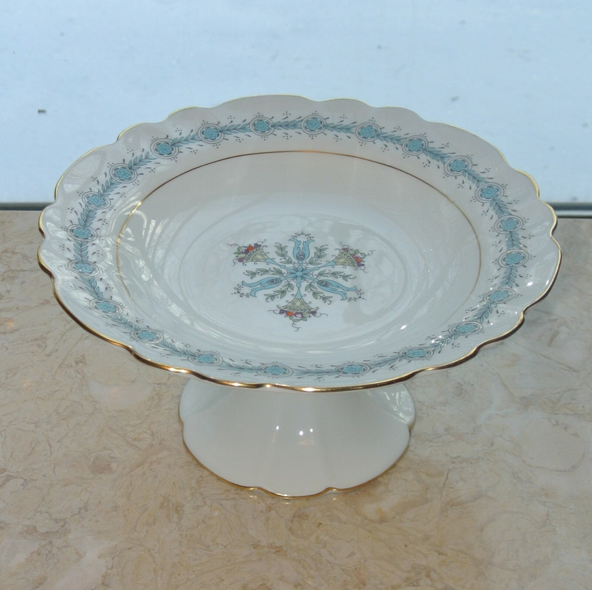 Vintage 1950's Ceramic White Compote with Blue and Gold  Rims