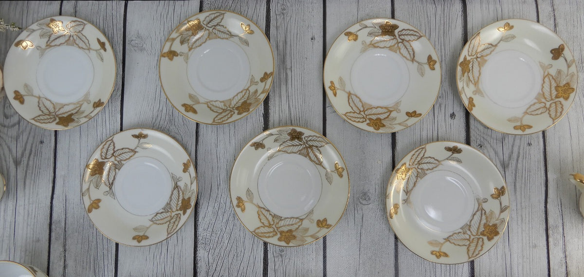 7 Gold Floral Anniversary Craftsman China Japan Cups & Sauces Set Pattern # 178