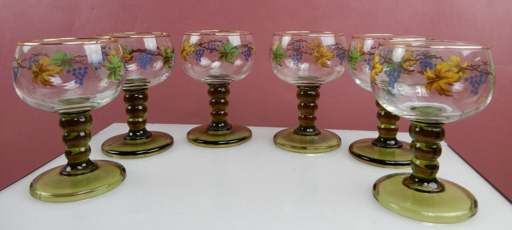 Vintage Set Of 6 Roemer Bubble Green Stem Glasses With Leaf Vine Wine Design