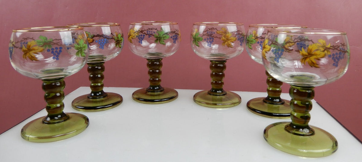 Vintage Set Of 6 Roemer Bubble Green Stem Glasses With Leaf Vine Wine Design