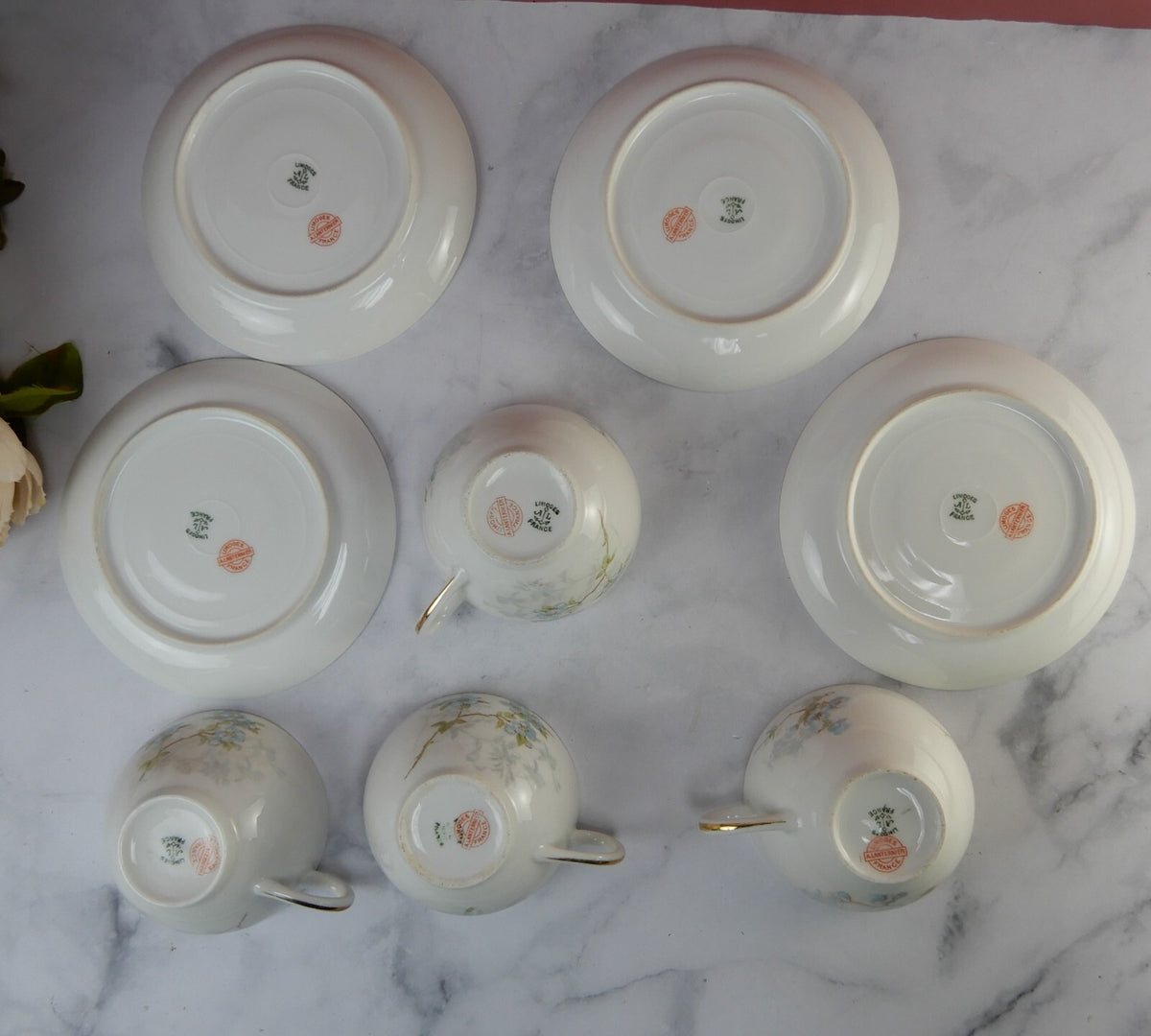 Antique Limoges A. Lanternier France Porcelain Blue Floral 4 Cups and Saucers