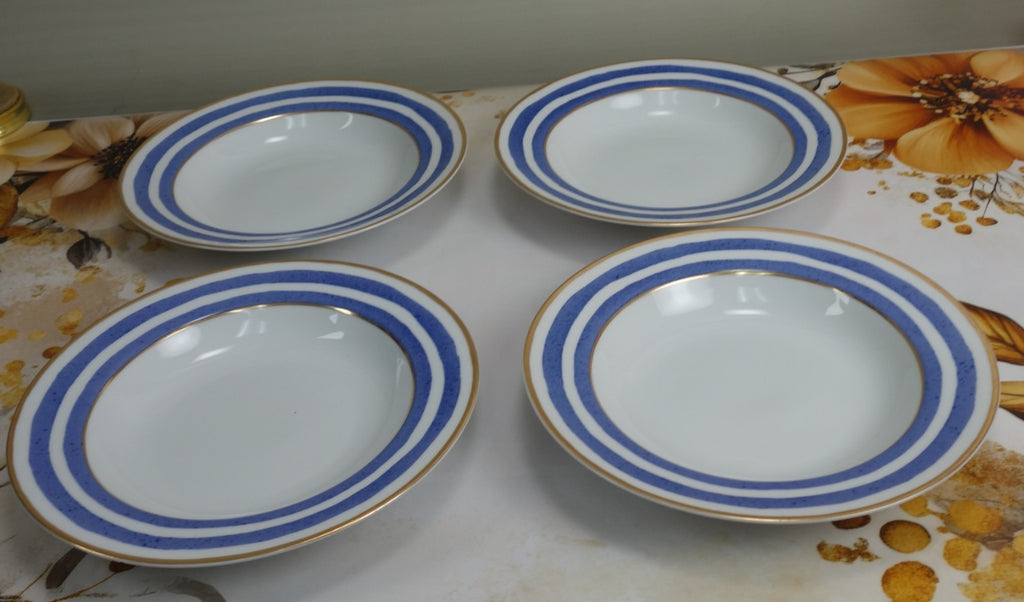 Set of 4 Crate & Barrel VERANDA Gold Rim Blue Striped Soup Bowls
