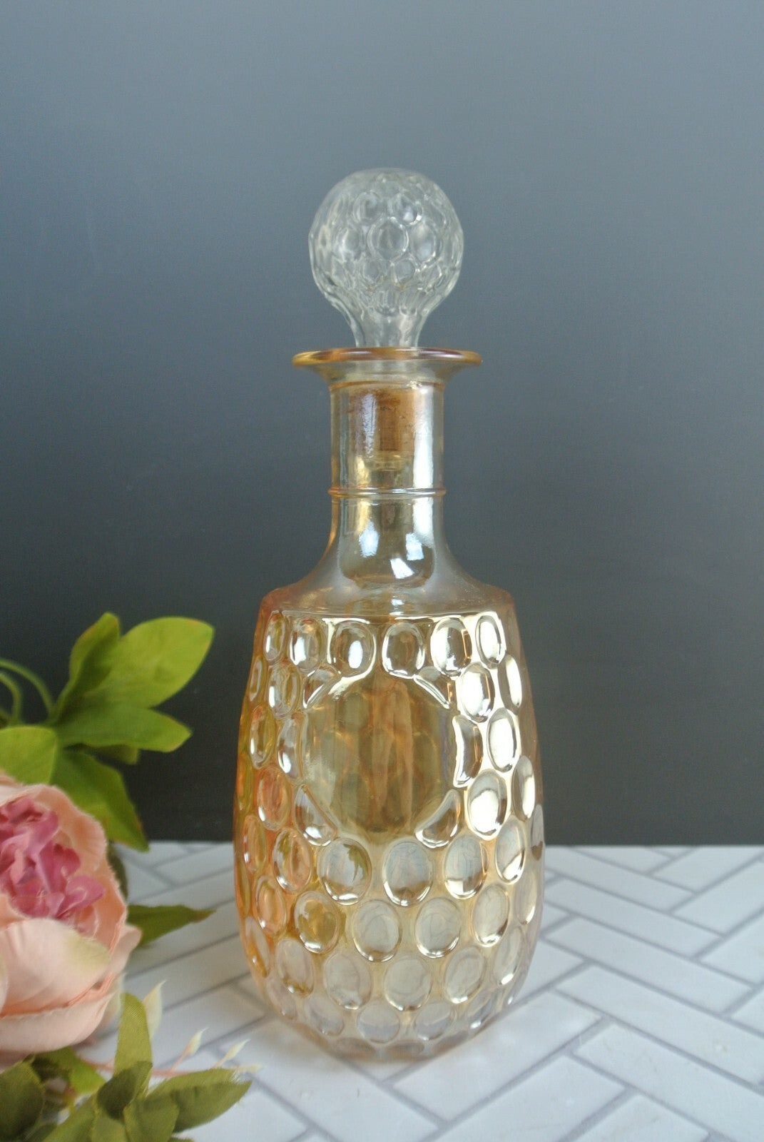 Vintage Carnival Glass Decanter Marigold Thumbprint Decanter Bottle