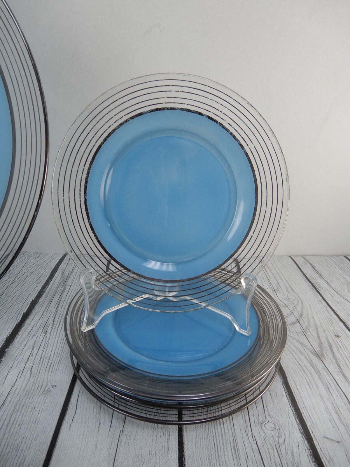 Set of Silver Rim Glass Blue Color Cake Plate and 8 Piece 7-1/2" Dessert Plates